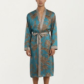 Men's Satin Robe with Floral Baroque Pattern and Contrast Trim Belt