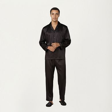 Men's 2-Piece Set Satin Pajamas with Subtle Stripe Pattern and Button-Up Top