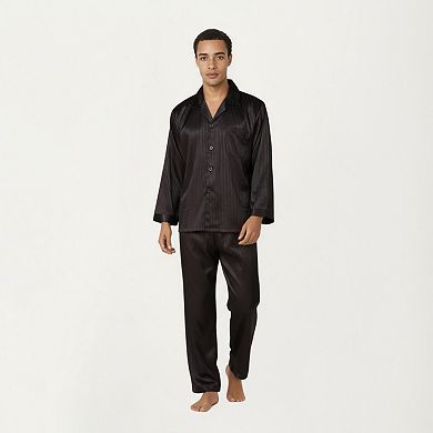 Men's 2-Piece Set Satin Pajamas with Subtle Stripe Pattern and Button-Up Top