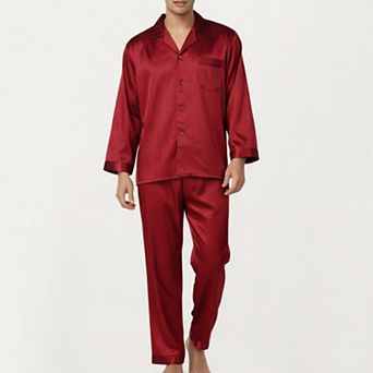 Men's 2 pc Set Satin Pajamas with Subtle Stripe Pattern and Button-Up Top