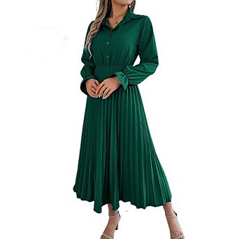 Women's Long Sleeve Pleated Dress Fall Trendy Cocktail Party Dress Casual Button Down Shirt Dress