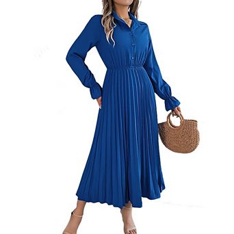 Women's Long Sleeve Pleated Dress Fall Trendy Cocktail Party Dress Casual Button Down Shirt Dress