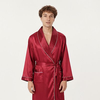 red satin dressing gown mens Vintage 50s Mens Dressing Gown Red Satin Leaf Pattern Lounging Robe Si   Poppy's Vintage Clothing
