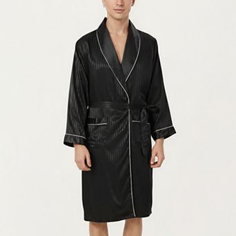 Men's Satin Robe with Subtle Stripe Texture Contrast Trim and Waist Tie