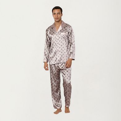 Men's 2-Piece Set Satin Pajamas with Geometric Check Print and Contrast Trim Details