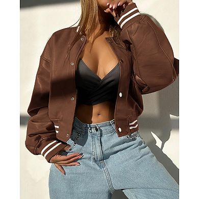 Women's Fashion Leather Motorcycle Jacket Snap Button Down Outfits Baseball Collar Cropped Coats