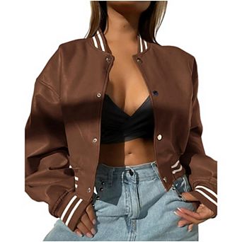 Women's Fashion Leather Motorcycle Jacket Snap Button Down Outfits Baseball Collar Cropped Coats