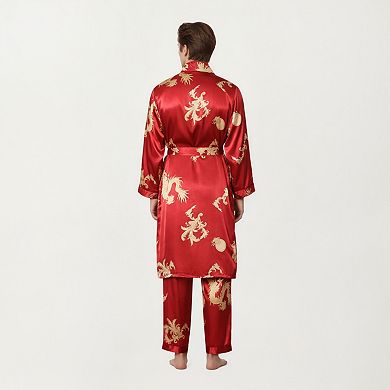 Men's 2-Piece Set Satin Dragon Print Robe and Lounge Pants with Shawl Collar and Waist Tie