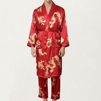 Men's 2 pc Set Satin Dragon Print Robe and Lounge Pants with Shawl Collar and Waist Tie