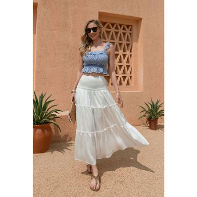 Long Skirts for Women Boho Maxi SkirtSwing Tiered A-Line Elastic High Waist Dress with Pockets