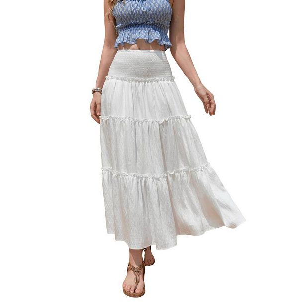 Women's Tiered Maxi Skirt High Waist Smocked Ruffled Boho Long Skirt, White, M