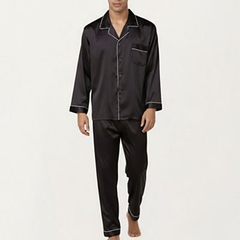 Men's 2 pc Set Satin Pajamas with Contrast Piping and Button-Up Top