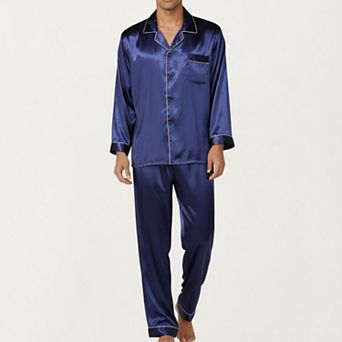 Men's 2 pc Set Satin Pajamas with Contrast Piping and Button-Up Top