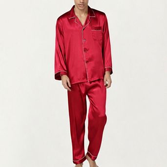 Men's 2 pc Set Satin Pajamas with Contrast Piping and Button-Up Top