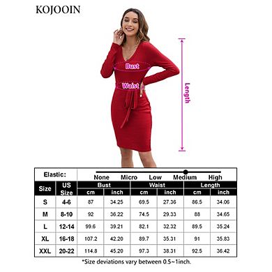 Women's Bodycon Dress v Neck Long Sleeve Tie Waist Slim Fit Midi Dresses