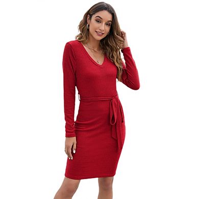 Women's Bodycon Dress v Neck Long Sleeve Tie Waist Slim Fit Midi Dresses