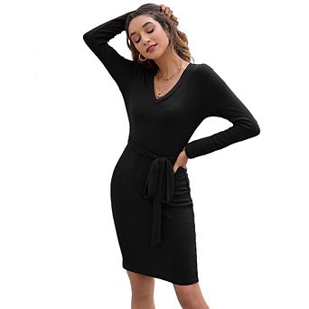 Women's Bodycon Dress v Neck Long Sleeve Tie Waist Slim Fit Midi Dresses