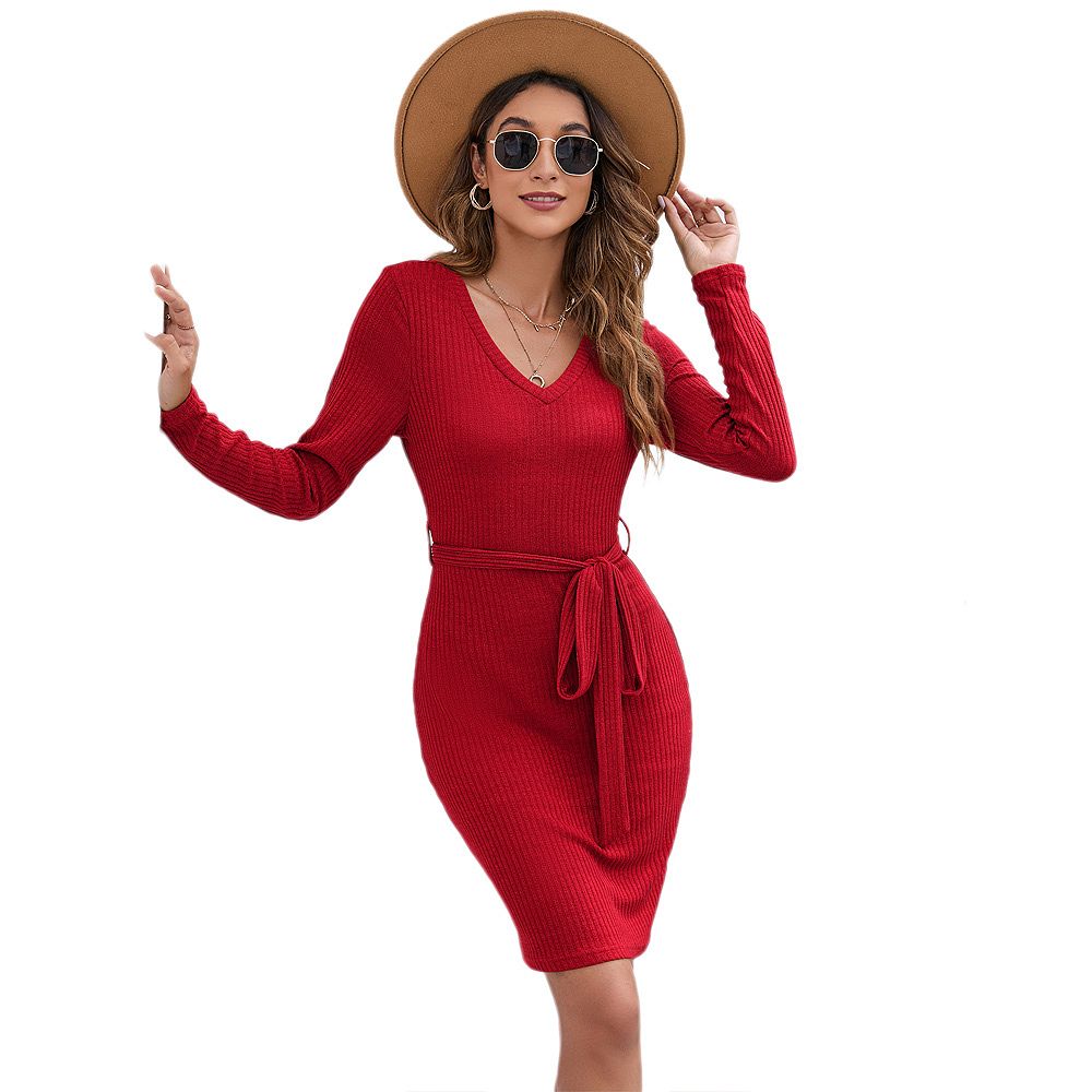 V-Neck Long-Sleeved Bodycon Dress