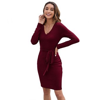 Women's Bodycon Dress v Neck Long Sleeve Tie Waist Slim Fit Midi Dresses