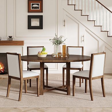 Whisen 5-Piece Extendable Dining Table Set for 4, Round Dining Table for 4 with Upholstered Chairs