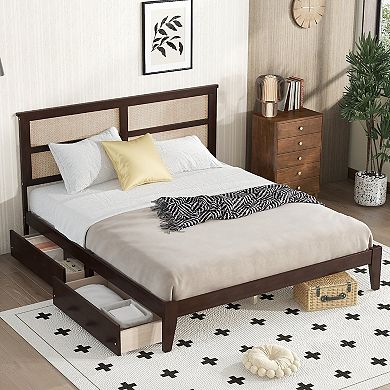Whisen King Size Bed with Rattan Headboard, Two Storage Drawers, Enhanced Support Slats and Feet