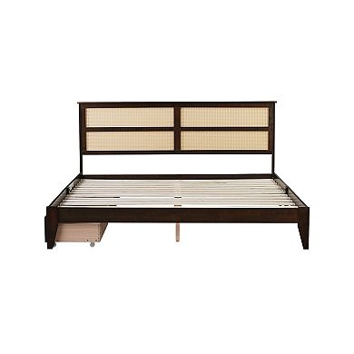 Whisen King Size Bed with Rattan Headboard, Two Storage Drawers, Enhanced Support Slats and Feet
