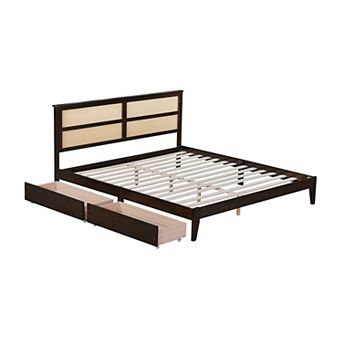 Whisen King Size Bed with Rattan Headboard, Two Storage Drawers, Enhanced Support Slats and Feet