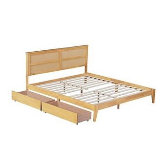 Whisen King Size Bed with Rattan Headboard, Two Storage Drawers, Enhanced Support Slats and Feet