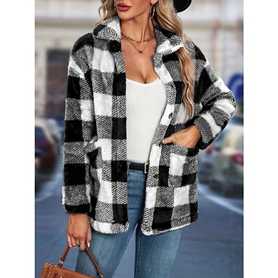 Jackets For Women Causal Sherpa Fall Jacket Loose Button Down Plaid Warm Winter Coats with Pockets