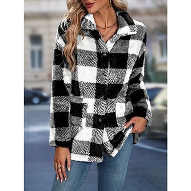 Jackets For Women Causal Sherpa Fall Jacket Loose Button Down Plaid Warm Winter Coats with Pockets