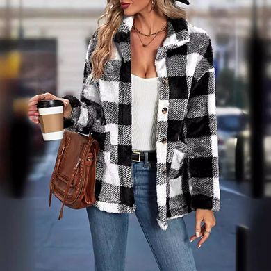 Jackets For Women Causal Sherpa Fall Jacket Loose Button Down Plaid Warm Winter Coats with Pockets