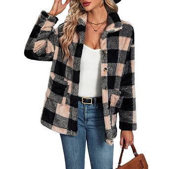Jackets For Women Causal Sherpa Fall Jacket Loose Button Down Plaid Warm Winter Coats with Pockets