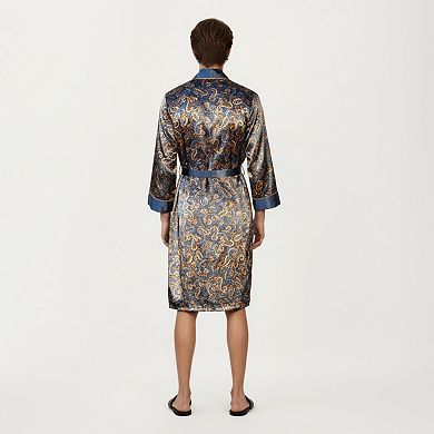 Men's Paisley Print Satin Robe with Contrast Shawl Collar and Waist Tie Belt