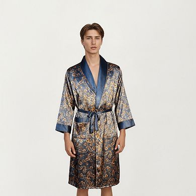 Men's Paisley Print Satin Robe with Contrast Shawl Collar and Waist Tie Belt