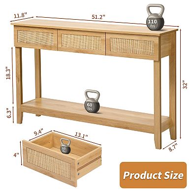 51.2" Boho Rattan Console Table - Natural Wood Finish