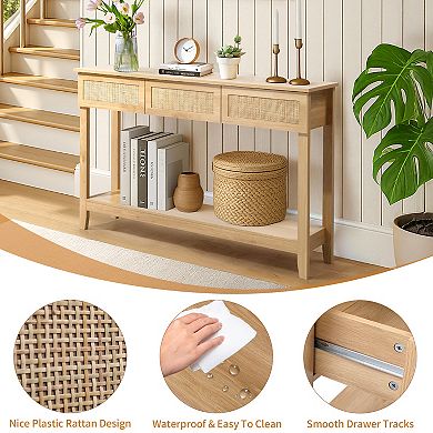 51.2" Boho Rattan Console Table - Natural Wood Finish
