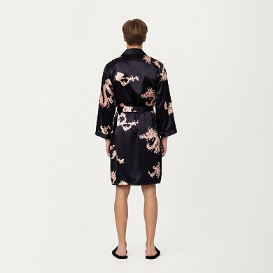 Men's Satin Robe with Baroque Print Shawl Collar and Waist Tie