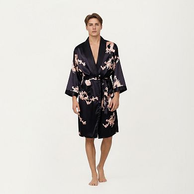 Men's Satin Robe with Baroque Print Shawl Collar and Waist Tie