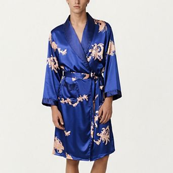 Men's Satin Robe with Baroque Print Shawl Collar and Waist Tie