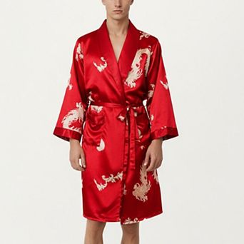 Men's Satin Robe with Baroque Print Shawl Collar and Waist Tie