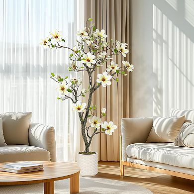 Artificial Magnolia Tree with Realistic Flowers, Faux Outdoor/Indoor Plant