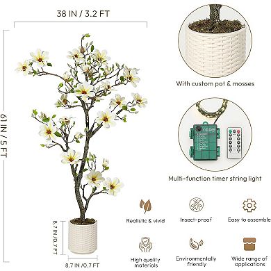 Artificial Magnolia Tree with Realistic Flowers, Faux Outdoor/Indoor Plant