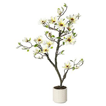 Artificial Magnolia Tree with Realistic Flowers, Faux Outdoor/Indoor Plant