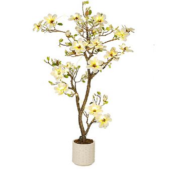 Artificial Magnolia Tree with Realistic Flowers, Faux Outdoor/Indoor Plant