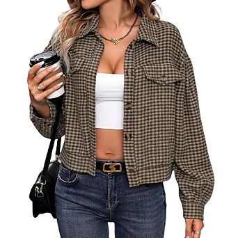 Women's Checked Short Cropped Lapel Collar Long Sleeve Jacket Top with Decorative Pockets