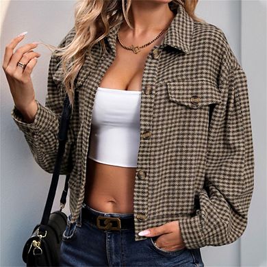 Women's Checked Short Cropped Lapel Collar Long Sleeve Jacket Top with Decorative Pockets