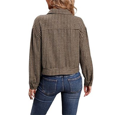 Women's Checked Short Cropped Lapel Collar Long Sleeve Jacket Top with Decorative Pockets