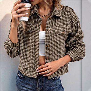 Women's Checked Short Cropped Lapel Collar Long Sleeve Jacket Top with Decorative Pockets