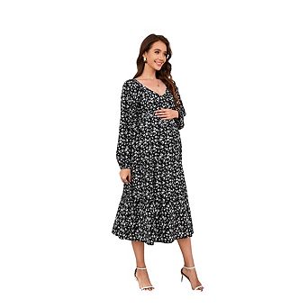 Women's Maternity Casual Floral Dress V Neck Tiered Flowy Pregnant Dress