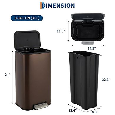 Fancihabor 8 Gallon Matte Brown Stainless Steel Step-On Trash Can with Lid & Inner Bucket